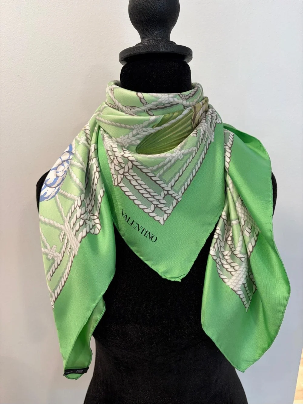 Valentino Silk Scarf Green Shell Rope Hand Rolled Made in Italy